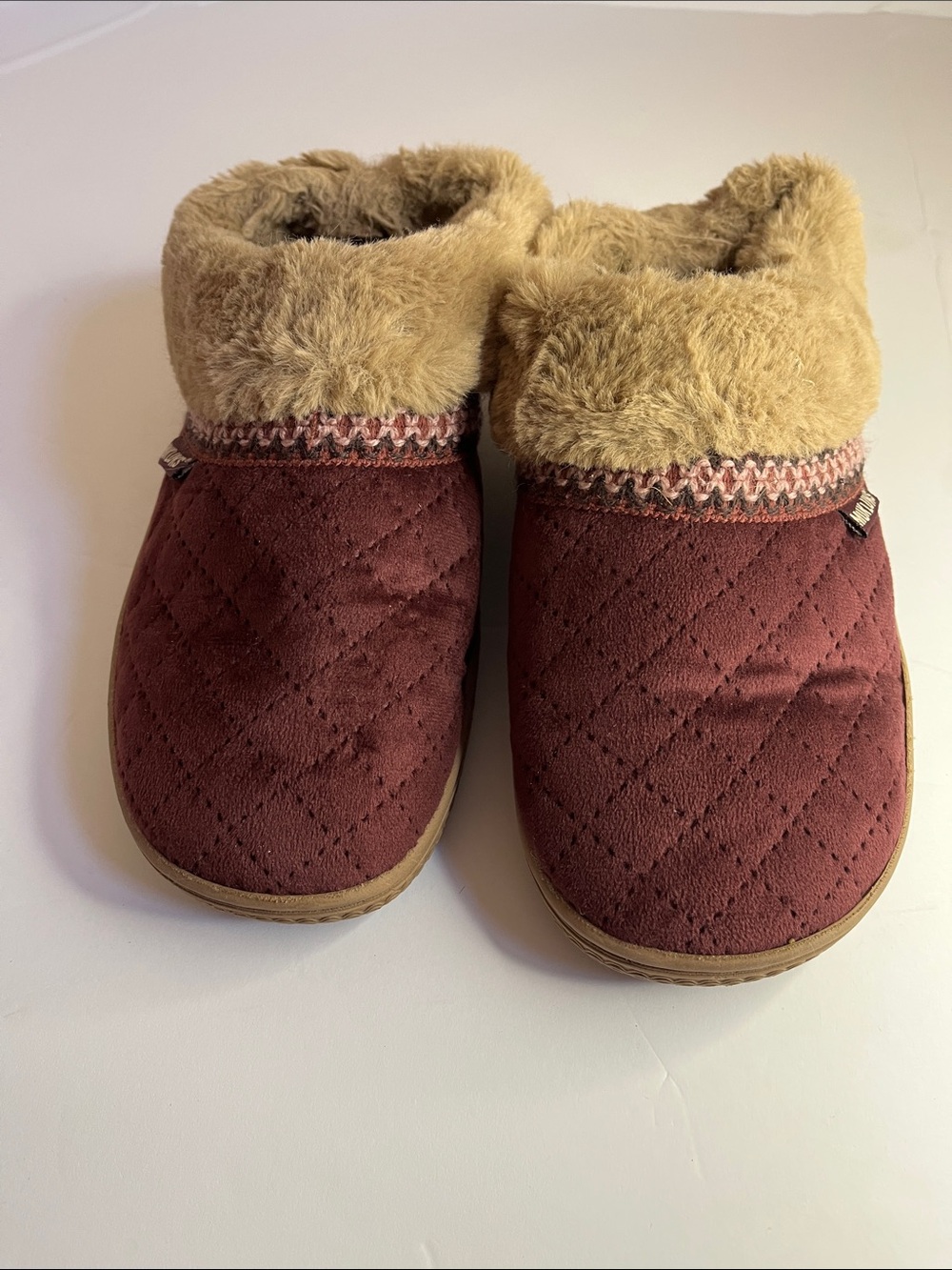 Muk Luks Quilted Burgundy Slip-On Slippers with Plush Tan Cuff